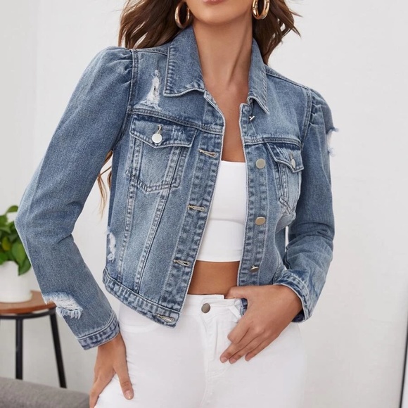 Boho dark blue Distressed Puff Sleeve Cropped Denim Jacket - Picture 5 of 9